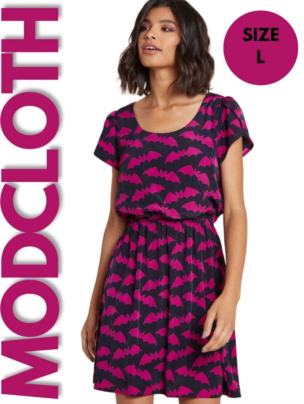 Modcloth Fuchsia and Black Bat-Print Short Sleeve Dress